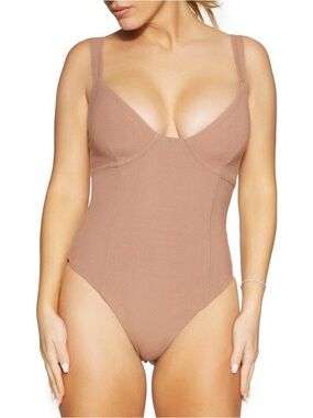 Naked Wardrobe Faux Bustier Ribbed Bodysuit Tan‎